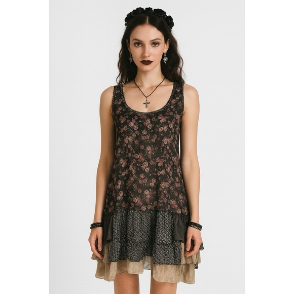 Cecico Fairy Dress M Black Pink SHEER Floral Ruffle Whimsigoth Coquette Mini - Picture 2 of 8